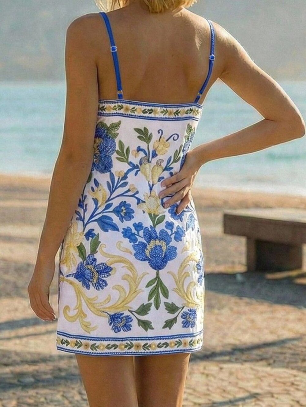 Blue Boho Women's Vacation Floral Print Wrap Tie Strap Dress - Picture 2 of 7